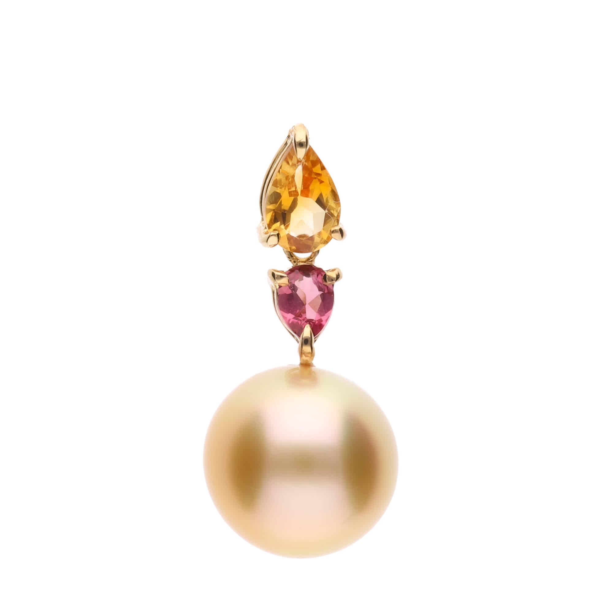 【水仙】ゴールデンパール（南洋 白蝶真珠） 10mm セミラウンド シトリン ピンクトルマリン K18 イエローゴールド ペンダントトップ