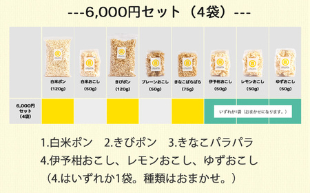米菓子 自家製ポン菓子 6000円（4袋） セット 愛媛 新居浜の米農家が作る昔なつかしい味 グルテンフリー おやつ 白米 玄米 柑橘フレーバー【百姓屋.藤田】