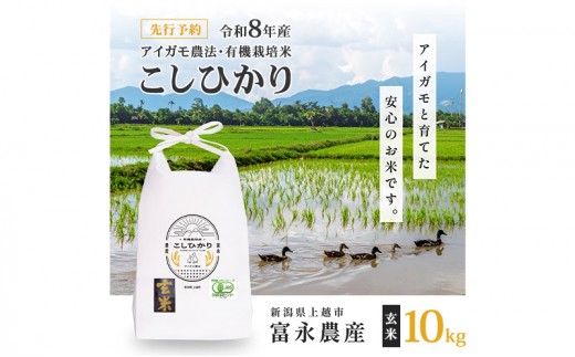 先行予約 令和8年 新潟県産コシヒカリ 【アイガモ農法】 玄米 10kg 10キロ（5kg×2） JAS有機栽培米 上越市 三和区神田 富永農産 こしひかり