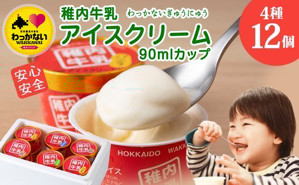 稚内牛乳　アイスクリーム4種12個セット (バニラ、チョコ、宗谷の塩、稚内産クマザサ)