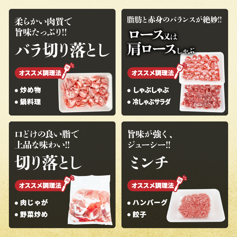 宮崎県産 豚肉 4種 セット (合計3.8kg) 国産 食品 豚バラ 切り落とし ロース 肩ロース ミンチ しゃぶしゃぶ 豚丼 ハンバーグ 餃子 ミートソース 個包装 小分け おすすめ_DA47-25