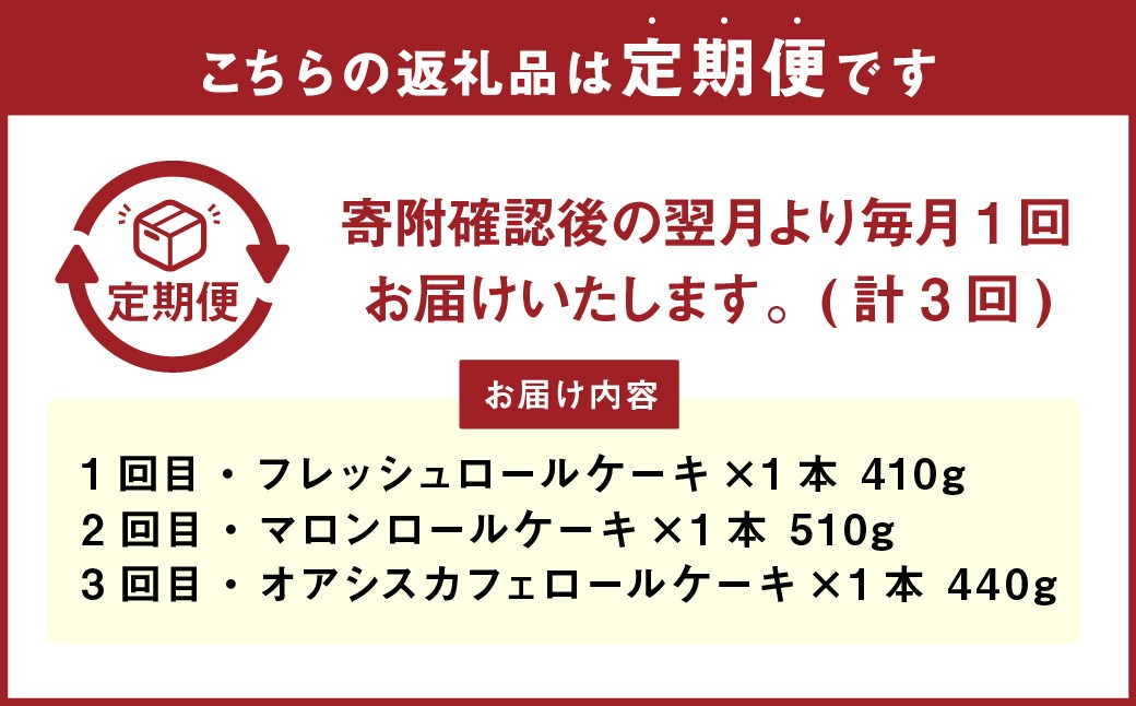 【3ヶ月定期便】ボヌール特製 人気のロールケーキアソート3回定期便
