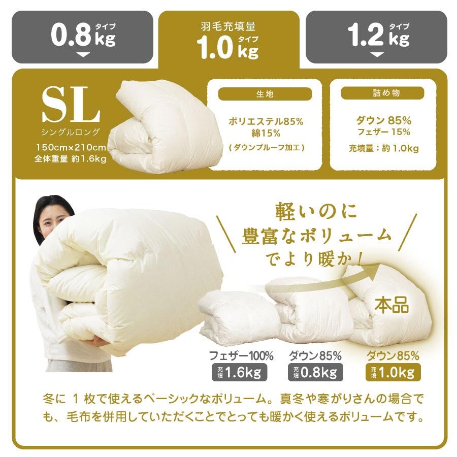 羽毛布団 シングルロング 秋冬用 150cm×210cm