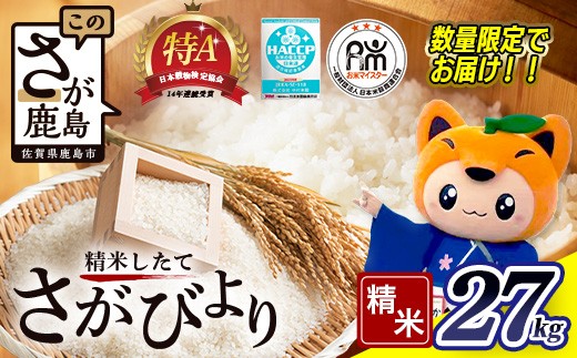 
            E-73【令和7年産 佐賀県産 さがびより｜白米 27kg（30kgの玄米を精米した重量) 】 お米マイスターセレクト！|米 お米 九州 精米 国産 九州産 鹿島市 送料無料 
          