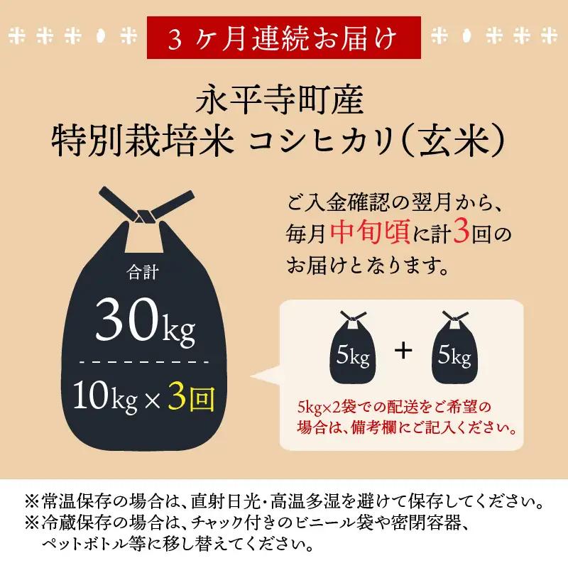 【3ヶ月定期便】【玄米】 令和8年度産　新米 永平寺町産 農薬不使用・化学肥料不使用 特別栽培米 コシヒカリ 10kg×3ヶ月 計30kg 10月上旬より順次発送 １０キロ 10kg 米  米 お米 