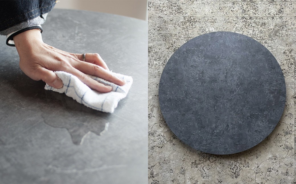 モルタル調メラミン材のラウンドダイニング （80cm） 木部ウォルナット色