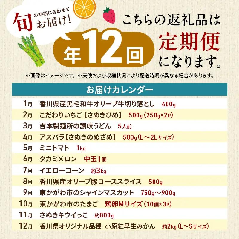 東かがわ市ちょこっと定期便(12回) みかん いちご 讃岐うどん アスパラ トマト メロン コーン 豚肉 シャインマスカット 卵 キウイ 黒毛和牛 香川