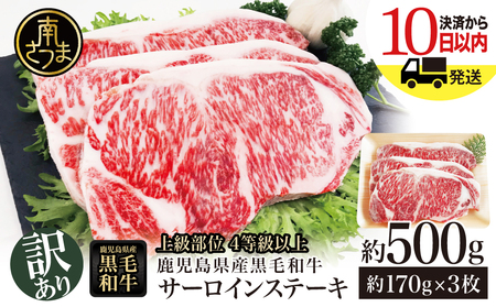 【訳あり】4等級以上！鹿児島県産黒毛和牛 サーロインステーキ 約500g 約170g×3枚 ★数量限定★ 国産 牛肉 サーロイン ステーキ 和牛 A4 お肉 肉 焼肉 BBQ バーベキュー スターゼン 冷凍  南さつま市