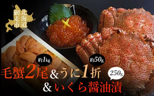 ＜オホーツク海の流氷明け＞活〆毛がに2尾（合計約1kg）＆いくら醤油漬（250g）＆うに（1折）セット（網走加工）【 ふるさと納税 人気 おすすめ ランキング 毛がに 毛ガニ 毛蟹 カニ ガニ 蟹 いくら醤油漬 イクラ醤油漬 いくら醤油漬け イクラ醤油漬け 鮭 鮭卵 いくら さけ サケ うに ウニ 雲丹 エゾバフンウニ 網走産 流氷明け オホーツク 北海道 網走市 送料無料 】 ABAO2077