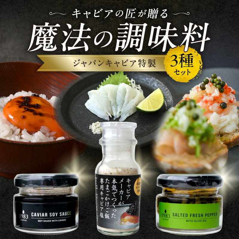 【ふるさと納税】ジャパンキャビア特製 キャビアの匠が贈る魔法の調味料3種セット 調味料 生胡椒 胡椒 醤油 塩 調味料セット セット 詰め合わせ 味比べ 食べ比べ 贈答 贈り物 ギフト プレゼント おすすめ 人気 お歳暮 お中元 お取り寄せ 宮崎市