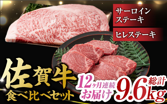 
【12回定期便】佐賀牛 ヒレステーキ＆サーロインステーキ 食べ比べ セット 計9.6kg （ヒレ150g・サーロイン250g×各2枚×12回） 吉野ヶ里町 [FDB038]
