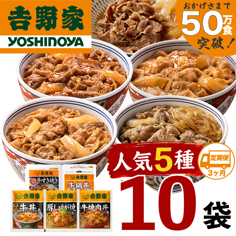吉野家 人気5種 定期便 3ヶ月 10袋 セット 詰め合わせ 冷凍 牛丼 レトルト 丼の具 レトルト食品 非常食 防災食 新潟 十日町市 定期 3回