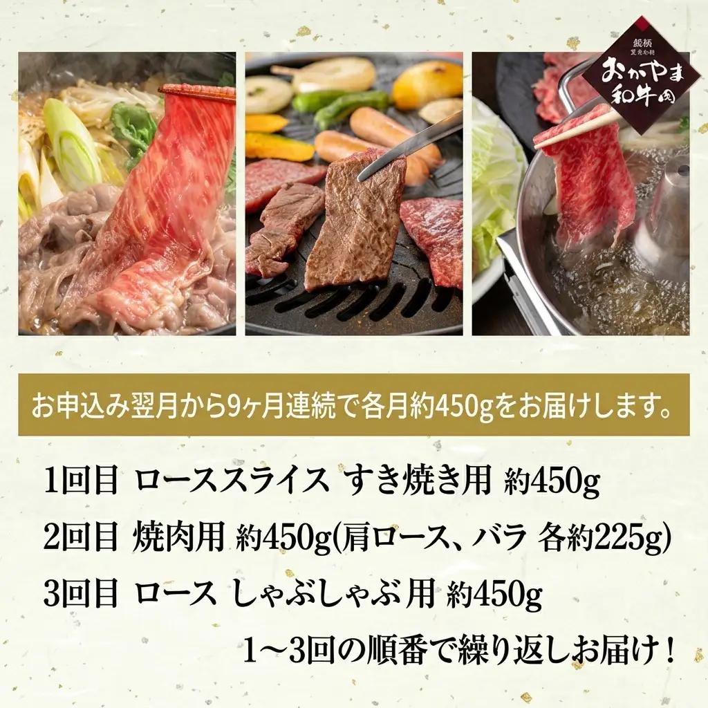 定期便 9ヶ月 おかやま 和牛肉 A4等級以上 食べ比べ 毎月 約450g×9回 牛肉