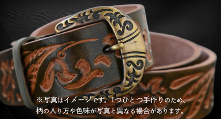 牛革ベルト フラワーオリーブグリーン【太さ35mm / 厚さ3.7mm / M(110cm)】 [BE030ya-M]