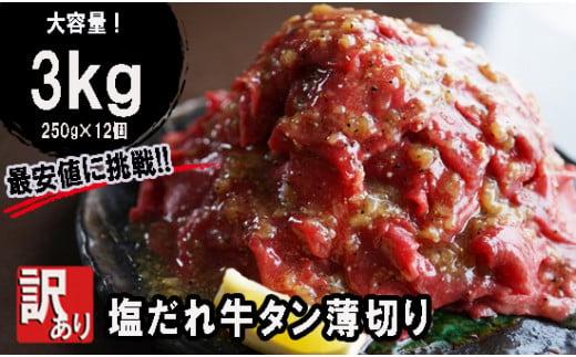 
【 訳あり 】 塩だれ 牛タン 薄切り 3kg(250g×12) タン塩 切り落とし 味付き 味付 味付け肉 焼肉 冷凍 小分け 不揃い 肉 牛 牛肉 ビーフ キャンプ アウトドア バーベキュー BBQ セット 簡単調理 便利 焼くだけ 京都 舞鶴
