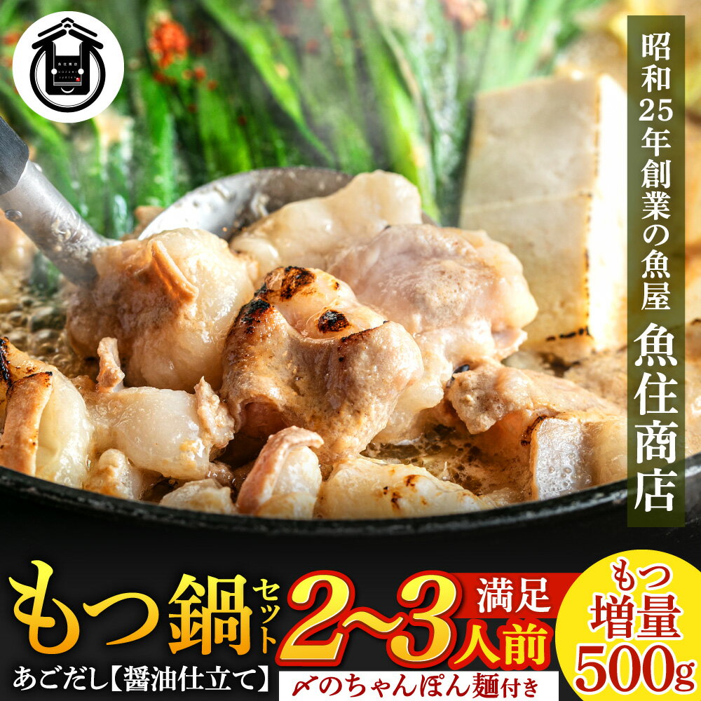 【ふるさと納税】魚住商店あごだし【醤油仕立て】もつ鍋セット2～3人前、満足もつ増量500g【もつ鍋・醤油味】.A1516