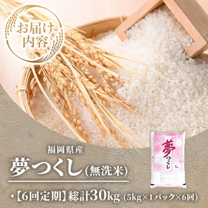 ≪令和7年産新米≫【6回定期便・無洗米】【食味鑑定士厳選】福岡県産 夢つくし(総計30kg・5kg×1袋×6回) 米 無洗米 お米 おこめ ごはん ゆめつくし ご飯 常温 福岡県産 ブランド米 定期便