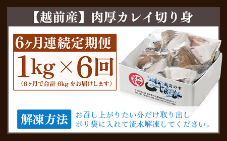 定期便 ≪6ヶ月連続お届け≫ 使い勝手抜群！福井県網元漁師が厳選 肉厚な越前産カレイの切り身（無塩）1kg × 6回 計6kg 【 たっぷり 焼き魚 煮付け バラ凍結便利 】 [e15-b012]