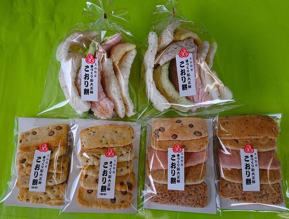 
昔なつかしばあちゃんの味　こおり餅（甘：5枚×2袋　塩味：5枚×2袋　徳用ソフト：80g×2袋）
