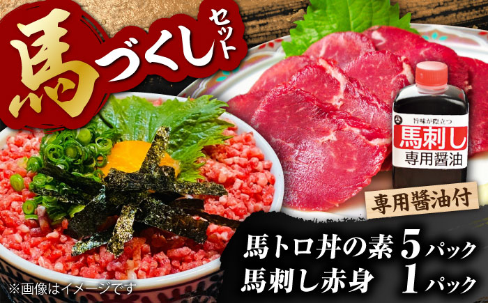 
            馬トロ丼の素&馬刺し&馬刺し専用醤油の馬尽くしセット（馬肉トロフレーク：50g×5パック、馬刺し赤身50g×1パック、馬刺し醤油80ml×1本）【オルガニコ山鹿】 [ZFH005]
          