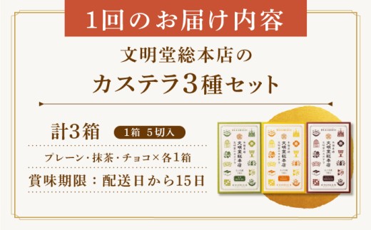 【6回定期便】カット包装カステラ5切×3種/文明堂総本店 [EAK007] 個包装カステラ カステラ かすてら 長崎 和菓子 人気和菓子 こほうそう お中元 お歳暮 ざらめ ザラメ 焼菓子