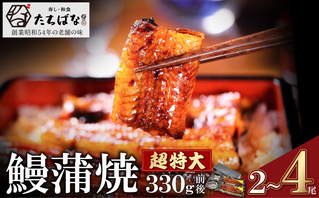 
            老舗たちばな 超特大うなぎ蒲焼（330g前後）選べる 2尾～4尾 うなぎ 鰻 ウナギ 人気 鰻 おすすめ うなぎ たれ 蒲焼 鰻 蒲焼き 特大 鰻 かばやき 冷凍 鰻 うな重 うな丼 ひつまぶし 福智町 W02 ★レビューキャンペーン開催★ 《福智町チャンス》
          