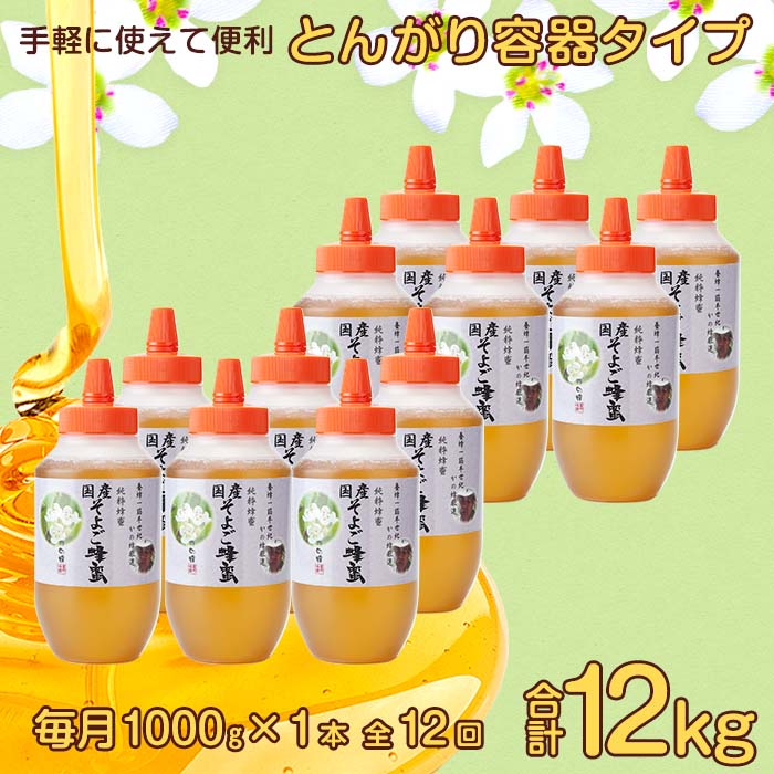 【全12回】 定期便 かの蜂 国産 そよご蜂蜜 合計12kg（とんがり容器1kgを毎月1本お届け） 蜂蜜 はちみつ ハチミツ 非加熱 国産 ボトル 常温 保存 備蓄 防災食 非常食 プレゼント 保存食