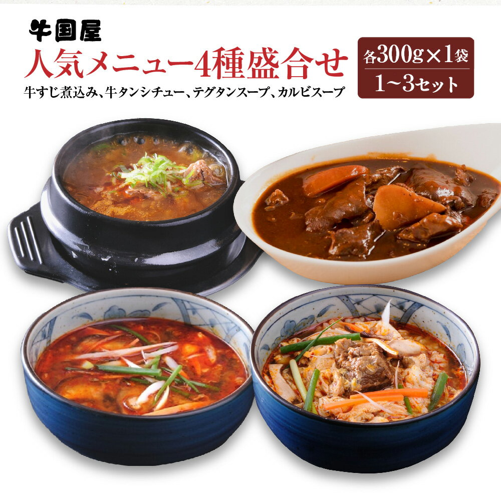 【ふるさと納税】【牛国屋】人気メニュー4種盛合せ（牛すじ煮込み、牛タンシチュー、テグタンスープ、カルビスープ） 各300g×1袋 1セット 2セット 3セット | 惣菜 冷凍 ギフト プレゼント 贈り物 埼玉県 さいたま市 ヒロ・ジャパンフードサービス