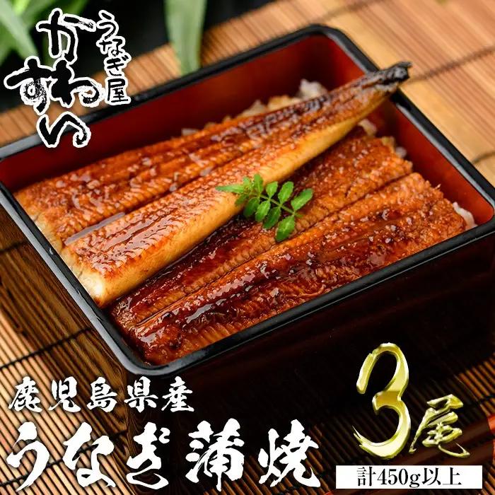 ＜うなぎ屋かわすい＞鹿児島県産 国産 うなぎ 蒲焼 タレ 鰻 うな重 かばやき 計450g 以上 150～169g×3本 【川口水産】A855