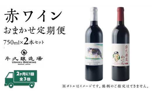 
【 3ヶ月隔月 】 赤ワイン おまかせ 定期便 2本セット 飲み比べ 茨城県産 牛久醸造場 厳選 750ml × 2本 お酒 ワイン ワイン好き 初心者 上級者 贈り物 ギフト 詰め合わせ
