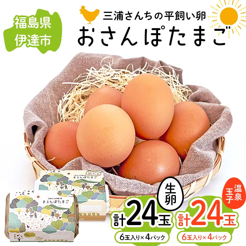 三浦さんちの平飼い卵 おさんぽたまご(生卵と温泉玉子セット) 生卵24玉入り、温泉玉子24玉入り(計48玉) 伊達市 福島県 国産 養鶏場直送 卵 たまご 玉子 生卵 鶏卵 温泉たまご F20C-953