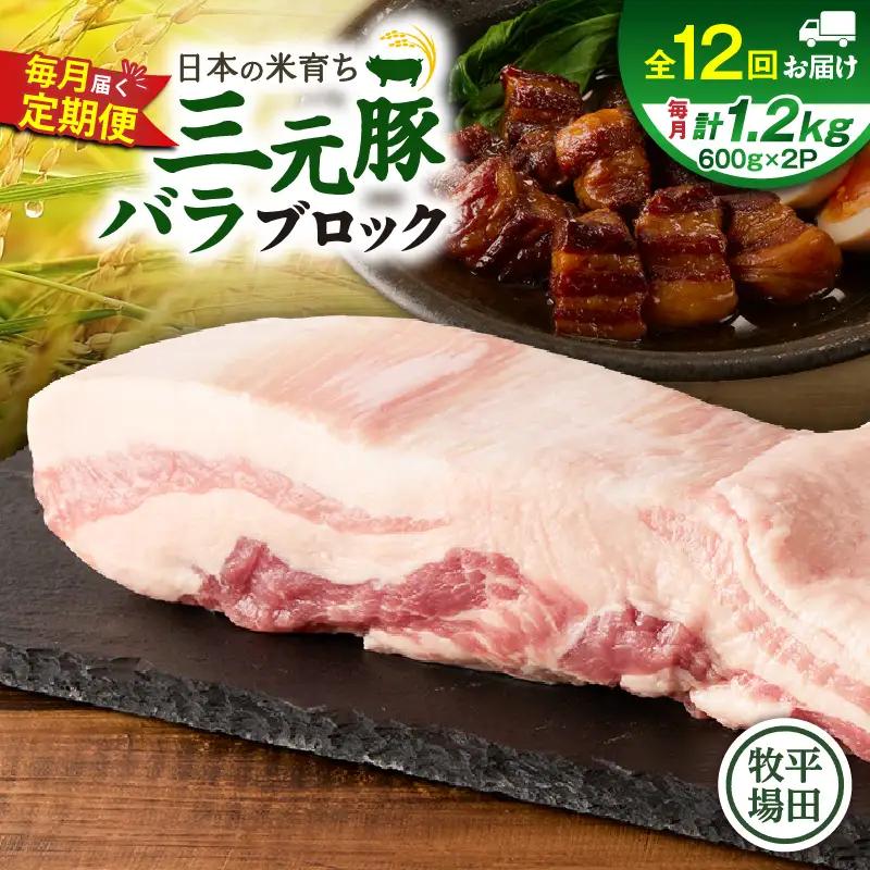 【 全12回 毎月 定期便 】 日本 の 米育ち 平田牧場 三元豚 バラ ブロック 1.2kg T036-T09-03 定期 肉 お肉 にく 豚 豚肉 ブタ ぶた 豚の角煮 角煮 焼豚 厚切りソテー 黒豚 冷凍 バークシャー種 特別品種 便利 パック おかず 夕食 美味しい おいしい ジューシー ふるさと納税 北海道 苫小牧市 おすすめ ランキング プレゼント ギフト