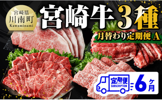 【 6ヶ月定期便 】 宮崎牛 3種 月替わり 定期便A 全6回【 肉 牛肉 国産 宮崎県産 A4〜A5等級 宮崎牛 黒毛和牛 和牛 焼肉 しゃぶしゃぶ すきしゃぶ 焼しゃぶ ステーキ 】