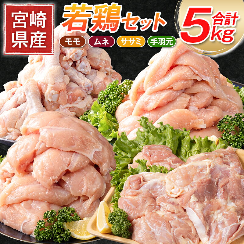 【ふるさと納税】宮崎県産 若鶏5kgセット 鳥肉 もも肉 1kg むね肉 2kg ささみ 1kg 手羽元1kg 国産 送料無料
