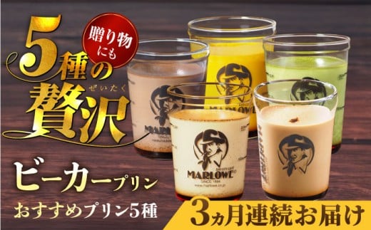 【全3回定期便】葉山ビーカープリン おすすめプリン180g×5個セット（かぼちゃ・エスプレッソ・抹茶・北海道フレッシュクリーム・チョコレート） ぷりん プリン定期 プリン詰め合わせ プリン 焼きプリン 5種 セット 葉山 人気の味 デザート スイーツ お菓子 食べ比べ ビーカー付き 贈り物 贅沢 人気 定期便 全3回【マーロウ】 [AKAF038]