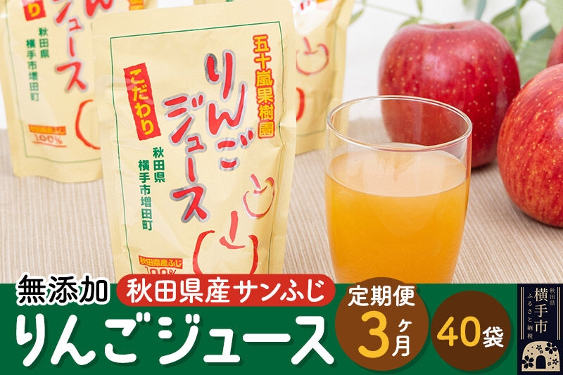 【先行受付 12月上旬より発送】《定期便3ヶ月》 無添加りんごジュース（サンふじ）40パック [先行予約 秋田県 五十嵐果樹園 りんごジュース 無添加 りんご リンゴ 林檎 ストレート 無添加 果汁100%]