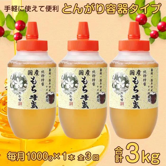 【全3回】 定期便 かの蜂 国産 もち蜂蜜 合計3kg（とんがり容器1kgを毎月1本お届け）　024-T017 