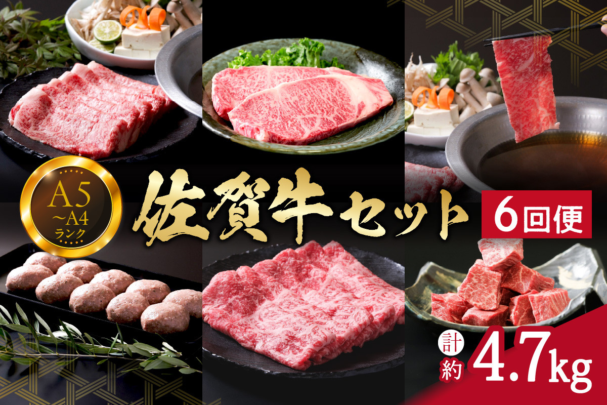 
            佐賀牛セット 4.7kg 6回便 ヒレ 赤身 モモスライス サーロイン ロース 999-J667
          