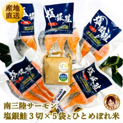 ふるさと納税 宮城県 ふっくら柔らか!宮城県南三陸サーモン、塩銀鮭・小分けタイプ3切れ×5袋&amp;ひとめぼれ米2合のセット