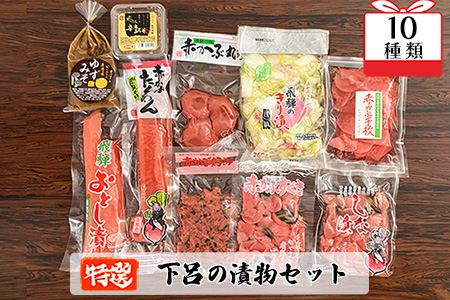 やましげ特撰「下呂の漬物セットA」10種類（しな漬・赤かぶ・きり漬・辛唐味噌・ゆず味噌・たくあん）冷蔵配送  漬け物 つけもの みそ【83-6】