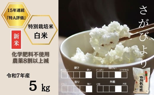 ＜令和7年産新米 先行予約受付中・令和7年11月上旬以降順次発送＞佐賀県産特別栽培米さがびより 白米5㎏（化学肥料不使用・農薬8割以上減）［A0212-0003］