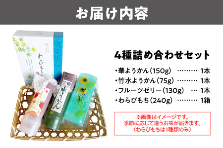 『華ようかん・竹水ようかん・フルーツゼリー・ わらびもち』詰め合わせ４品 デザート_OS125-0004