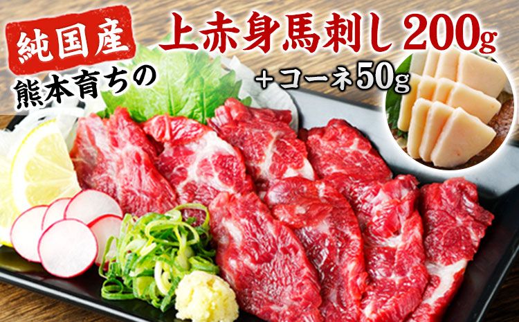 
            上赤身馬刺し200g(100g×2ブロック)＋コーネ50g 《30日以内に出荷予定(土日祝除く)》 【純国産熊本肥育】
          