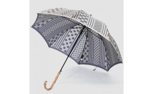 【槙田商店】晴雨兼用長傘 Kirie　ドットとストライプ柄　アッシュブルー  傘 かさ 雨具 高級 晴雨 兼用 UV 日焼け ギフト ファッション  日傘 プレゼント 化粧箱 老舗