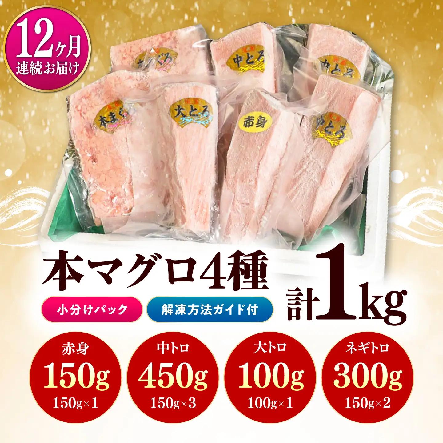 【全12回定期便】対馬産 本マグロ 4種 計1kg（赤身 中トロ 大トロ ネギトロ） [WAH008] マグロ まぐろ 本まぐろ トロ 定期便