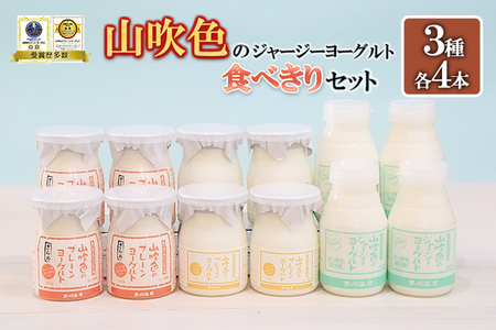 【山のいぶき】山吹色のジャージーヨーグルト 食べきり 乳脂肪分 5％以上 低温殺菌 素材の味 ジャージー牛乳 飲むヨーグルト プレーンヨーグルト ざらめ 各4本 計12本 ギフト 贈答 食べきりセット FOODEX JAPAN ご当地ヨーグルトグランプリ 金賞 熊本 阿蘇 小国郷