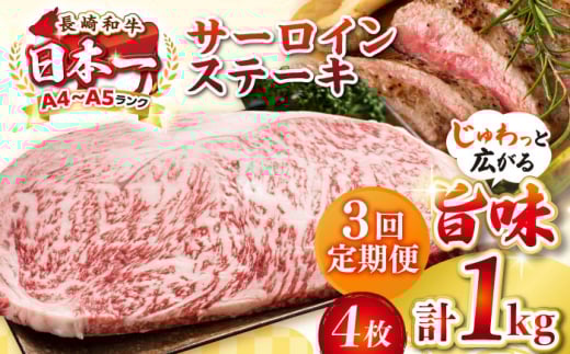 【全3回定期便】【A4〜A5ランク】長崎和牛 サーロインステーキ 1kg（250g×4枚）《壱岐市》【株式会社MEAT PLUS】 肉 牛肉 黒毛和牛 サーロイン ステーキ ご褒美 ギフト 贈答用 ご褒美 冷凍配送 A4 A5 [JGH132]