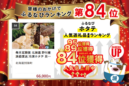 【毎月定期便】 北海道 野付産 漁協直送 冷凍ホタテ 貝柱 ジャンボホタテ500g×6ヶ月（ ほたて ホタテ 帆立 貝柱 玉冷 北海道 野付 人気 ふるさと納税 ）