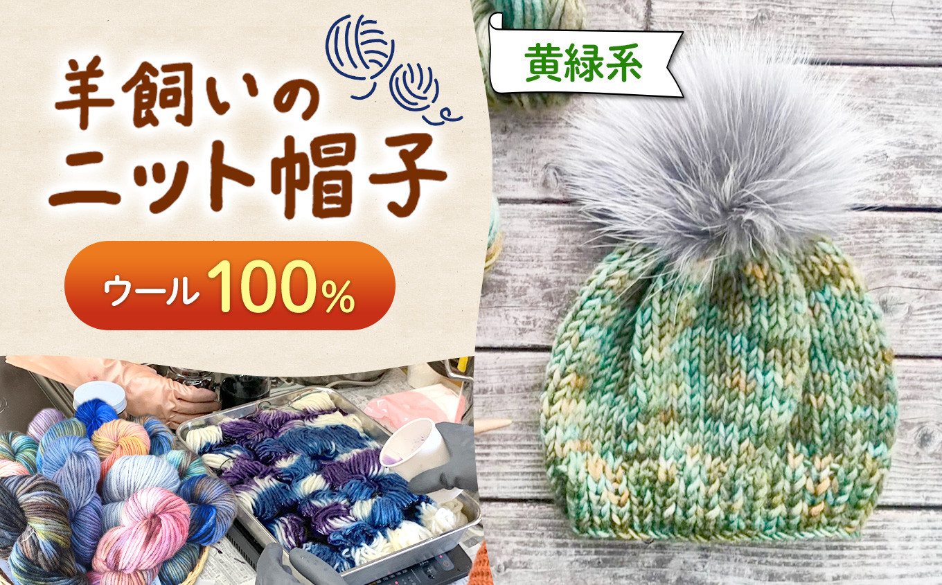
            ウール100％ 羊飼いの ニット帽子 黄緑系 ｜  ニット帽 帽子 ニット ウール ウール100％ 防寒 ファッション 毛糸 手作り 長野県 松川村 信州
          