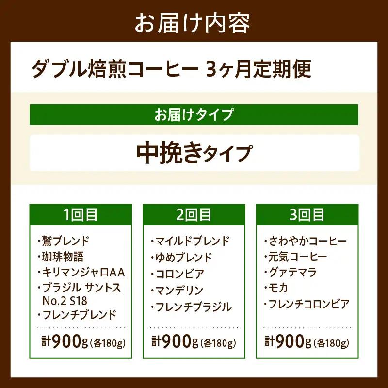 中挽きタイプ 3ヶ月 定期便 ダブル焙煎 コーヒー 180g×5種×3回 コーヒー粉